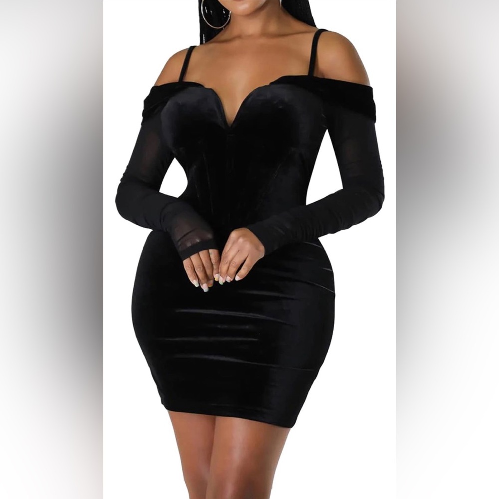 Women's Off-Shoulder Mesh Velvet Bodycon Dress with Ruffle Sleeves Black NWOT